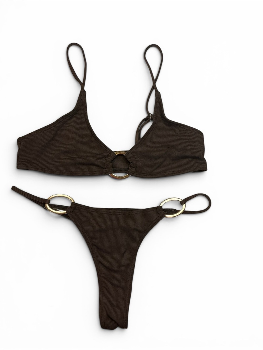 Ring-Detail Chocolate Brown Bikini Set w/ High Waist Brazilian Bottoms Sz. S
